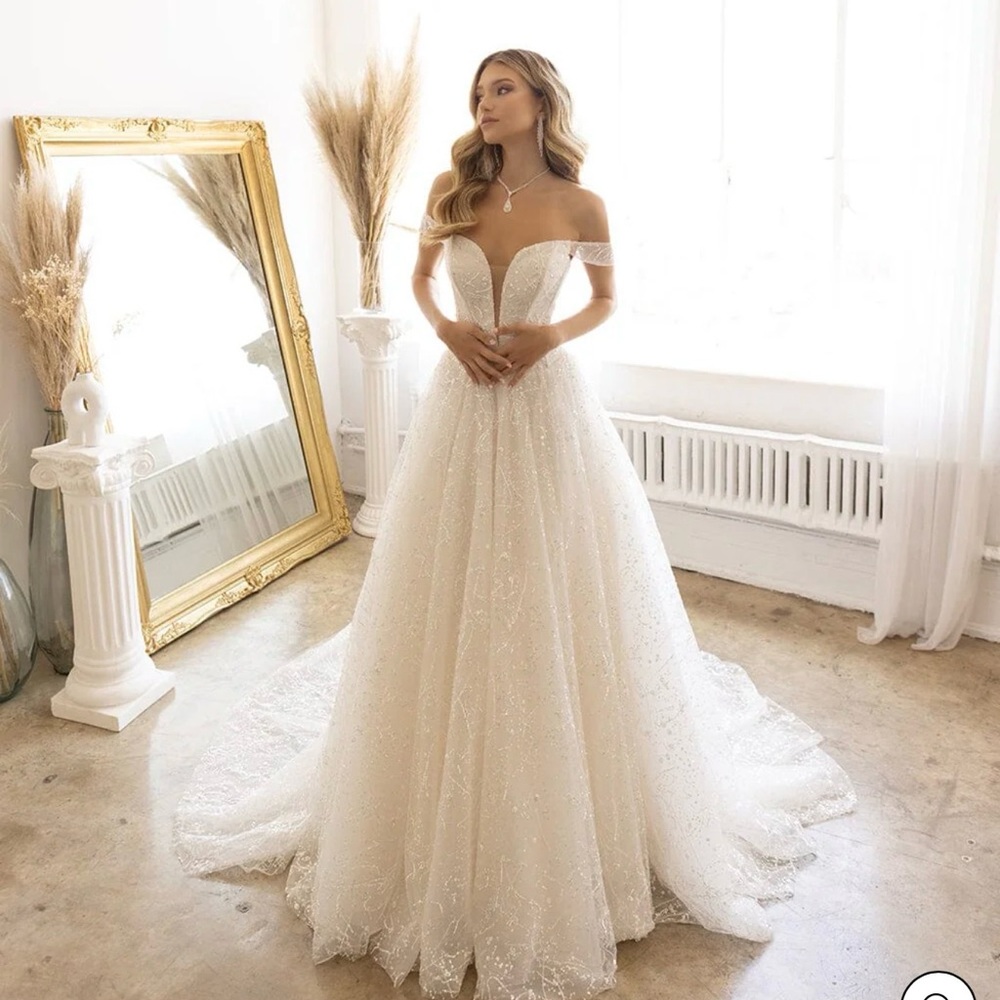 Off-Shoulder Ivory Sparkle Embellished Bridal Gown by Abby Lane Size 4 Gorgeous! - Picture 2 of 12
